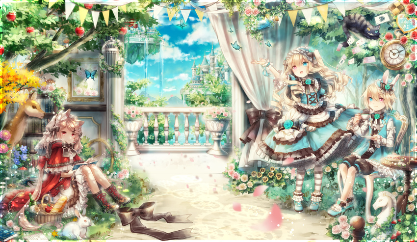 :d :q absurdres alice_in_wonderland animal_ears apple apple_tree arm_up autumn_leaves bad_id bad_pixiv_id baguette bangs basket bellflower birdcage black_bow blue_dress blue_eyes blue_footwear blue_ribbon book bookshelf boots bottle bow bread brown_footwear bug bunny bunny_ears butterfly cage cake capelet card castle cat cat_ears chair checkerboard_cookie cheese cheshire_cat chess_piece clock closed_mouth cloud cookie cross-laced_clothes cross-laced_footwear cup curtains dahlia day deer dress drill_hair eat_me eyebrows_visible_through_hair fantasy floating_castle floating_city floating_island flower fly_agaric food frilled_dress frilled_hat frills fruit grass grin hair_ornament hairband happy hat hat_with_ears head_tilt heart heterochromia highres holding holding_book holding_cup insect ivy knees_up layered_clothing layered_dress legs_together licking_lips lolita_fashion lolita_hairband long_hair long_sleeves looking_at_viewer looking_up low_twintails macaron mini_hat mob_cap multiple_girls neck_ribbon on_ground open_book open_mouth original outdoors outstretched_arm painting_(object) pansy pantyhose pennant petals petticoat picnic_basket picture_frame pink_flower pink_hair pink_rose plant planter playing_card pocket_watch potted_plant puffy_shorts railing rain reading red_dress red_eyes ribbon ringlets roman_numerals rose saucer shoes short_hair short_sleeves shorts sitting sky slice_of_cake smile sparkle standing strawberry strawberry_blossoms streamers string_of_flags striped striped_legwear swept_bangs table teacup tiered_tray tongue tongue_out tree twintails two_side_up very_long_hair waistcoat watch water waterfall wine_bottle wrist_cuffs x_hair_ornament yellow_eyes yellow_flower yellow_rose yumeichigo_alice