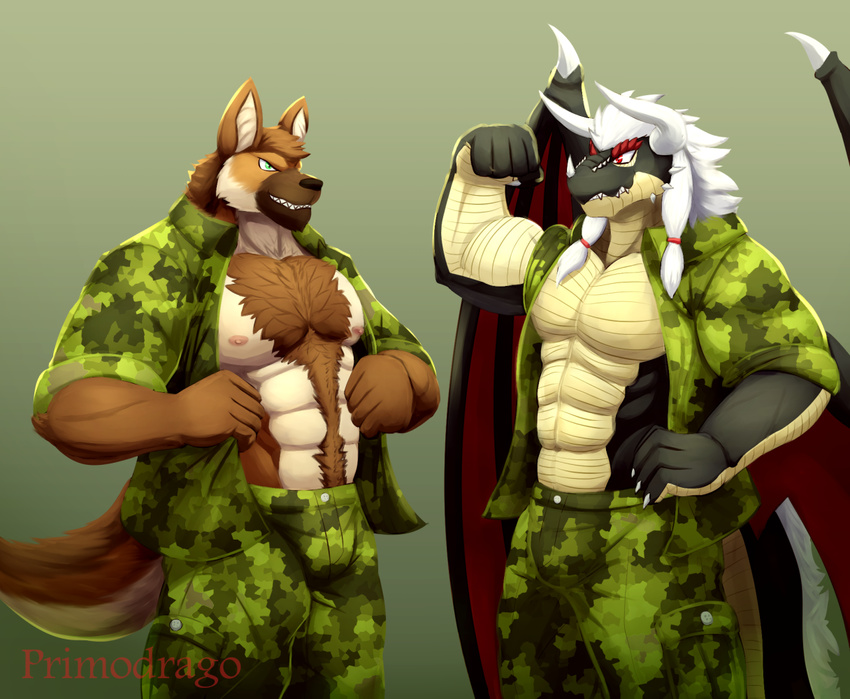 anthro body_hair canine chest_hair clothed clothing dragon duo flexing horn male mammal muscular primodrago standing wings