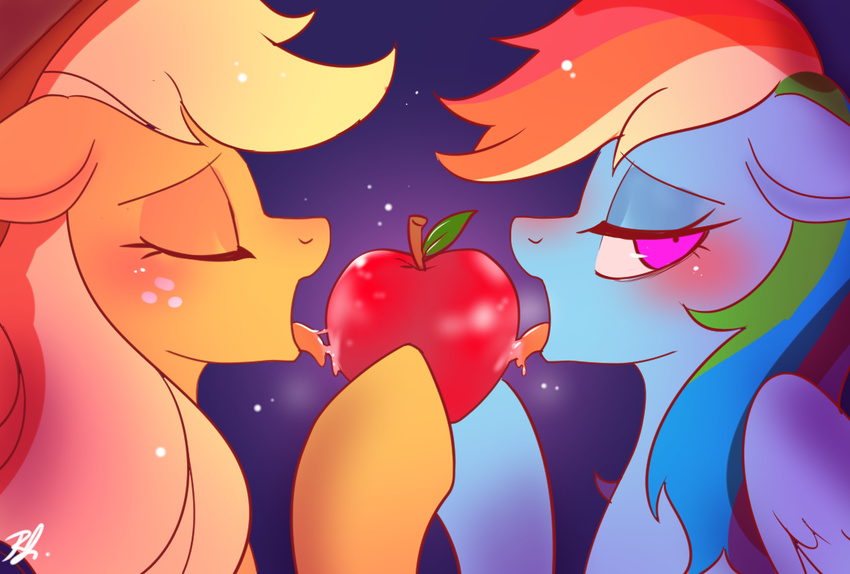 2017 apple applejack_(mlp) blonde_hair blush duo earth_pony equine eyes_closed female feral food freckles friendship_is_magic fruit hair horse licking mammal multicolored_hair my_little_pony pegasus pony purple_eyes rainbow_dash_(mlp) rainbow_hair renokim tongue tongue_out wings