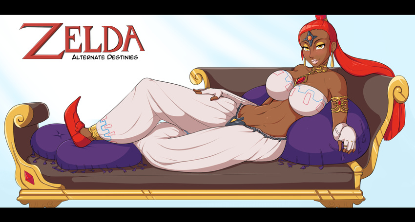 1girl absurdres armlet artist_request breasts couch dark_skin earrings fingerless_gloves jewelry large_breasts lips long_hair midriff nabooru navel on_couch ponytail red_hair text the_legend_of_zelda the_legend_of_zelda:_ocarina_of_time yellow_eyes