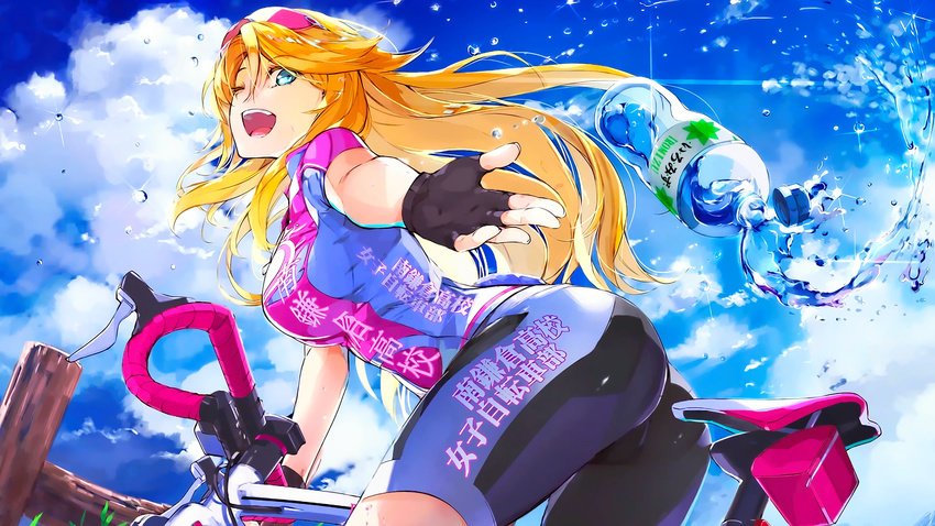 ;d aqua_eyes arm_at_side ass bent_over bicycle bike_jersey bike_shorts black_gloves blonde_hair blue_eyes blue_sky bottle bottle_cap breasts cloud cloudy_sky day end_card eyebrows_visible_through_hair eyewear_on_head fence fingerless_gloves fingernails from_side g_yuusuke gloves grin ground_vehicle hair_between_eyes hand_up highres large_breasts legs_apart long_fingernails long_hair looking_at_viewer looking_back minami-kamakura_koukou_joshi_jitensha-bu one_eye_closed open_mouth outdoors plant reaching reaching_out riding road_bicycle sandy_mcdougal short_sleeves skin_tight sky smile solo spandex spilling standing sunglasses teeth throwing_drink tongue water water_bottle water_drop wooden_fence