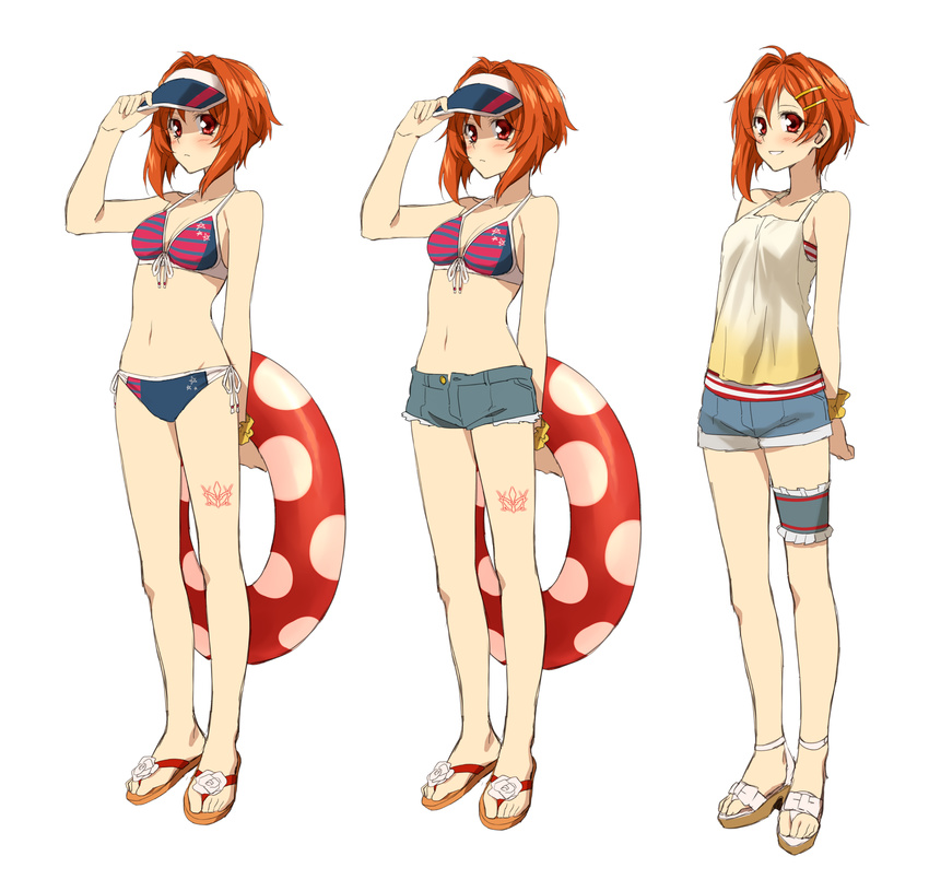 adjusting_clothes adjusting_hat bad_id bad_pixiv_id bikini blue_bikini_bottom blush camisole command_spell denim denim_shorts fate_(series) full_body hair_ornament hairclip hat highres innertube looking_at_viewer midriff mismatched_bikini multicolored_bikini_top multiple_views nagiko_(mangalove1111) navel orange_hair original print_bikini_bottom red_eyes sandals short_hair short_shorts shorts side-tie_bikini simple_background smile standing striped_bikini_top swimsuit visor_cap white_background wrist_cuffs