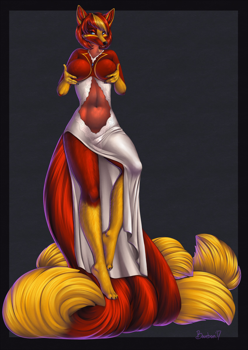 anthro bourbon._(artist) breasts canine clothing dress female looking_at_viewer mammal navel smile solo standing wide_hips
