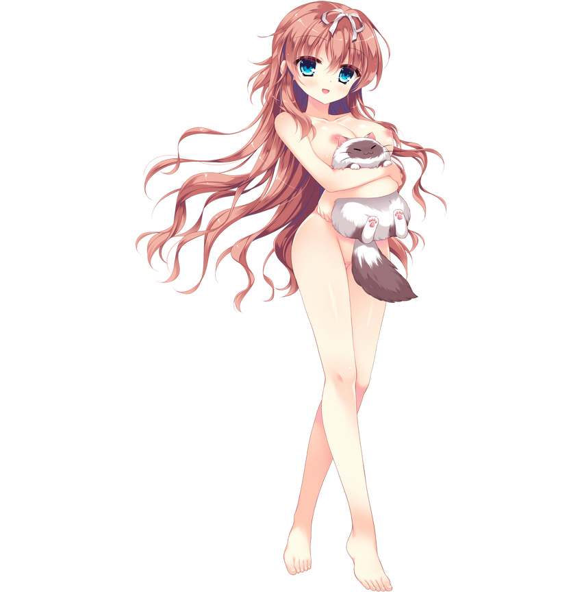 animal barefoot blue_eyes breasts brown_hair cat censored crossed_arms full_body hair_ribbon highres holding holding_animal long_hair medium_breasts mosaic_censoring nekojou_hinana nipples nude official_art open_mouth pussy ribbon solo transparent_background wan_nyan_a_la_mode! wori