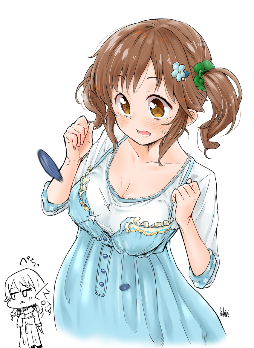 absurdres blouse blue_dress blush breasts brown_eyes brown_hair cleavage clenched_hands commentary_request cosplay dress hair_ornament hairclip highres idolmaster idolmaster_cinderella_girls large_breasts long_hair morikubo_nono morikubo_nono_(cosplay) multiple_girls no_bra open_mouth popped_button scrunchie sketch sleeveless sleeveless_dress sleeves_folded_up surprised sweatdrop takuji_yuusaku totoki_airi twintails white_blouse