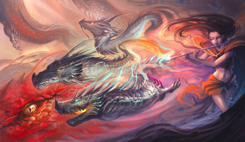 2019 4_toes 5_fingers abstract_background alectorfencer ambiguous_gender blue_eyes cape clothing digital_media_(artwork) dragon eyes_closed female feral flute flying glowing glowing_eyes group hair holding_object horn human long_hair looking_at_viewer mammal musical_instrument open_mouth scalie teeth toes western_dragon yellow_eyes