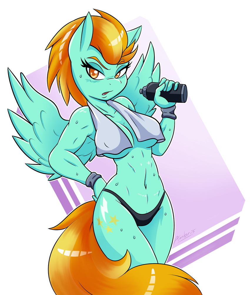 2017 amber_eyes ambris anthro anthrofied armpits breasts clothing cutie_mark equine eyelashes feathered_wings feathers female friendship_is_magic hair hi_res lightning_dust_(mlp) mammal multicolored_hair multicolored_tail muscular muscular_female my_little_pony navel panties pegasus solo sweat sweatband towel two_tone_hair underwear water_bottle wings