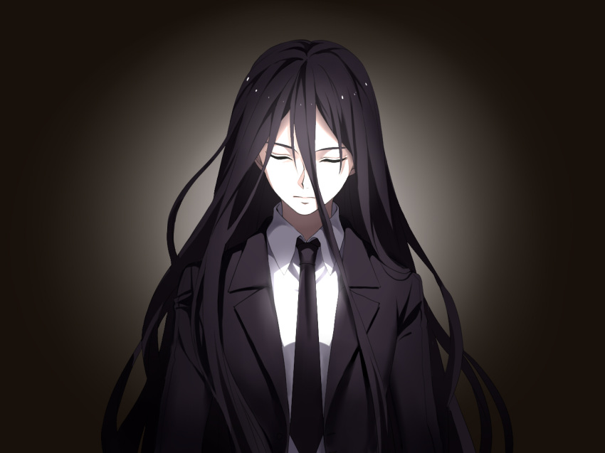 1boy black_hair black_jacket black_neckwear closed_mouth commentary_request danganronpa danganronpa_3 dark_background eyes_closed formal hair_between_eyes jacket kamukura_izuru long_hair male_focus necktie red_eyes shi_er_xian shirt standing suit upper_body very_long_hair white_shirt