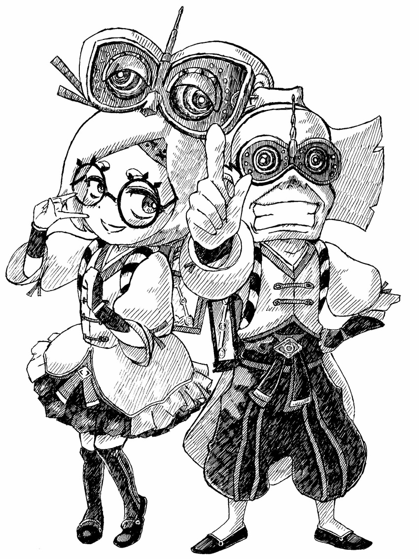 1girl \m/ absurdres commentary_request cuffs dress frilled_dress frills glasses goggles goggles_on_head greyscale grin hair_ornament hair_stick headband highres mary_janes monochrome music_hour pointing pointing_at_viewer purah robbie_(zelda) shoes short_hair simple_background smile the_legend_of_zelda the_legend_of_zelda:_breath_of_the_wild thighhighs white_background zettai_ryouiki