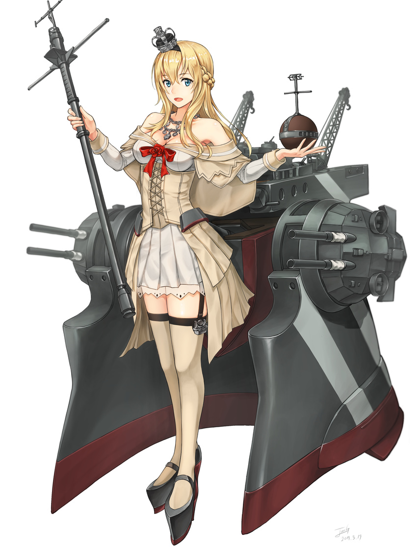 :d artist_name baek_hyang bare_shoulders blonde_hair blue_eyes braid breasts cannon corset crown dated dress flower french_braid garter_straps globus_cruciger hairband high_heels highres jewelry kantai_collection long_hair long_sleeves machinery mary_janes medium_breasts mini_crown necklace off-shoulder_dress off_shoulder open_mouth platform_footwear platform_heels red_flower red_ribbon red_rose ribbon rose scepter shoes signature smile solo standing thighhighs throne turret warspite_(kantai_collection) white_dress white_legwear