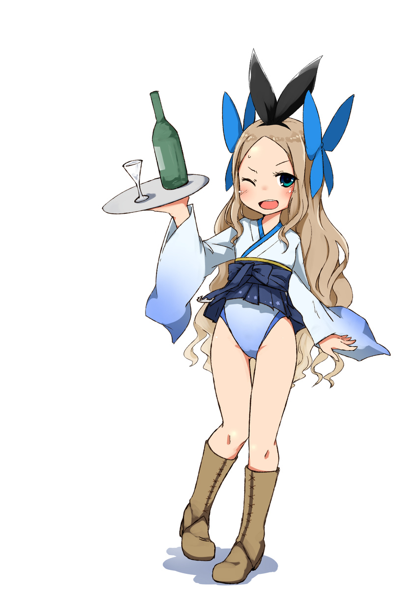 :d absurdres adapted_costume animal_ears asakaze_(kantai_collection) black_footwear blue_eyes blue_leotard blush boots bottle bow brown_hair bunny_ears bunny_girl bunny_tail cross-laced_footwear full_body hair_bow hakama_skirt hat highres kantai_collection lace-up_boots leotard light_brown_hair long_hair mini_hat mini_top_hat nassukun one_eye_closed open_mouth pigeon-toed smile solo standing tail thigh_gap top_hat tray v-shaped_eyebrows wavy_hair white_background white_leotard wide_sleeves