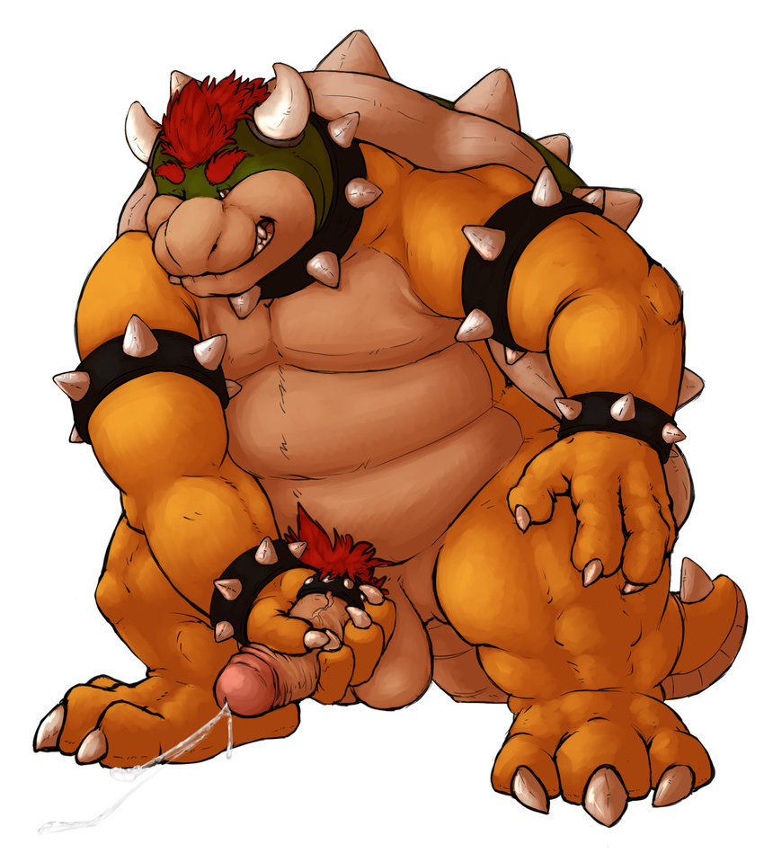 2012 anthro balls belly bowser bowser_day claws cock_ring collar cum cum_string cumshot ejaculation erection hair hi_res horn humanoid_penis koopa kronexfire male mario_bros masturbation muscular nintendo nude one_eye_closed orgasm penile_masturbation penis pubes reptile scalie shell simple_background slightly_chubby solo spikes standing stocky teeth tongue turtle video_games white_background wristband