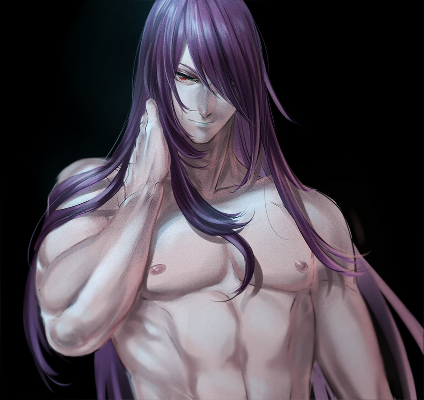 abs black_background collarbone green_lipstick hair_over_one_eye hand_behind_head hand_on_neck highres hikarusorano lipstick long_hair makeup male_focus muscle nipples pale_skin pectorals purple_hair red_eyes sha_wu_sheng shirtless simple_background solo thunderbolt_fantasy upper_body