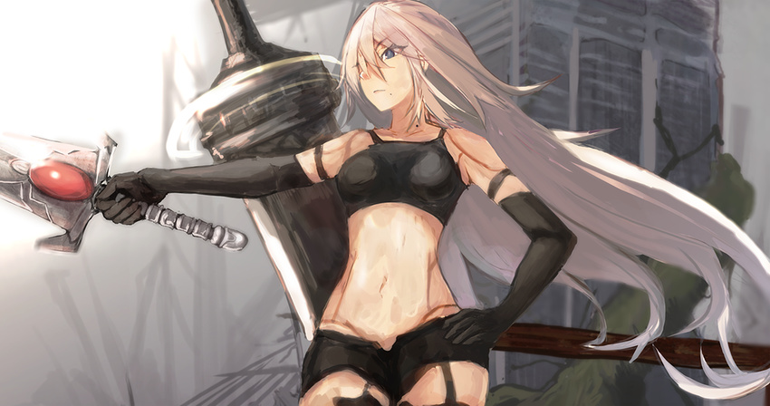 android armlet aruto2498 building collarbone commentary elbow_gloves gloves hair_over_eyes holding holding_weapon huge_weapon long_hair mole mole_under_mouth navel nier_(series) nier_automata pale_skin ruins short_shorts shorts sky solo standing sword tank_top weapon white_hair yorha_type_a_no._2