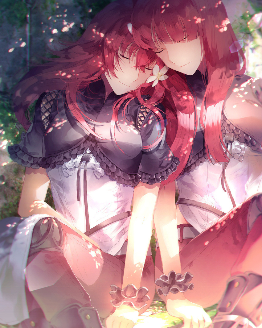 closed_eyes devola flower hair_flower hair_ornament highres multiple_girls nier_(series) nier_automata popola red_hair siblings sisters sitting sleeping sleeping_upright sunakumo twins