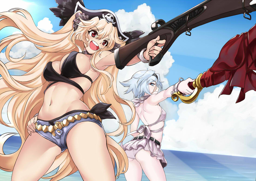 anne_bonny_(fate/grand_order) anne_bonny_(swimsuit_archer)_(fate) ass blonde_hair cutlass_(sword) day facial_scar fate/grand_order fate_(series) gun hat kaorihero long_hair mary_read_(fate/grand_order) mary_read_(swimsuit_archer)_(fate) multiple_girls ocean pirate_hat red_eyes ribbon rifle scar silver_eyes silver_hair swimsuit two_side_up very_long_hair weapon