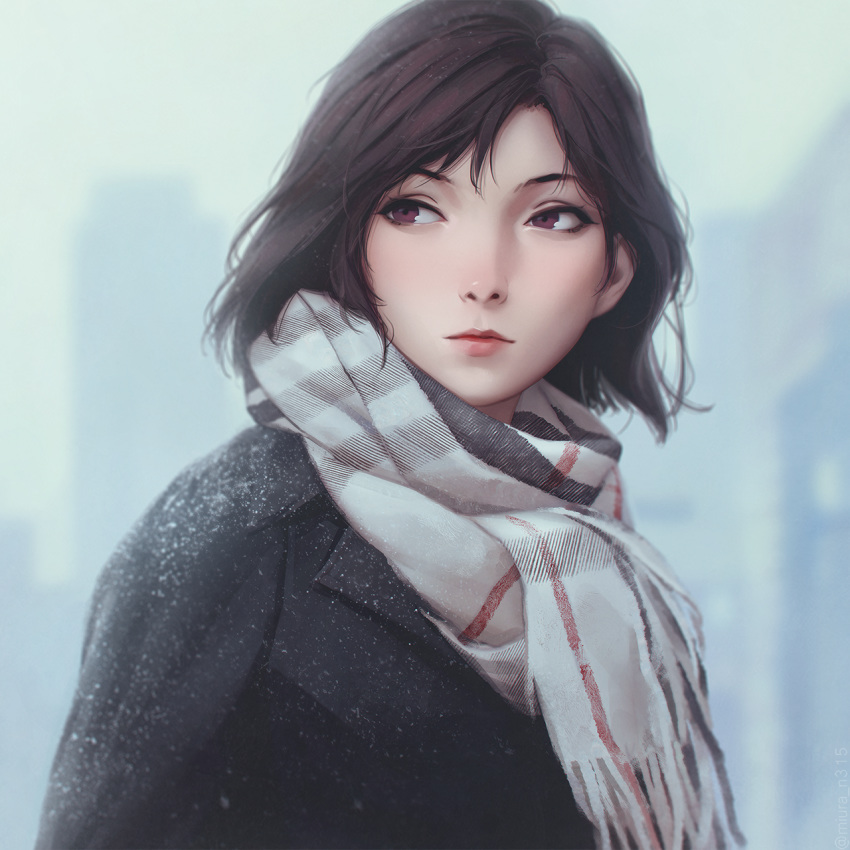 1girl bangs black_jacket blurry blurry_background brown_eyes brown_hair closed_mouth commentary_request depth_of_field fringe_trim highres jacket lips looking_away looking_to_the_side miura-n315 nose scarf snow solo tsujimoto_natsumi upper_body white_scarf you're_under_arrest