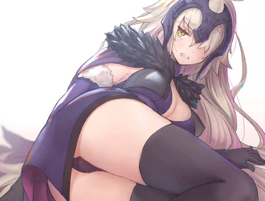 angry asarokuji ass black_panties blonde_hair blush breasts fate/grand_order fate_(series) hair_over_one_eye headpiece highres jeanne_d'arc_(alter)_(fate) jeanne_d'arc_(fate)_(all) large_breasts long_hair looking_at_viewer lying panties pantyshot pantyshot_(lying) simple_background solo thighhighs underwear white_background yellow_eyes