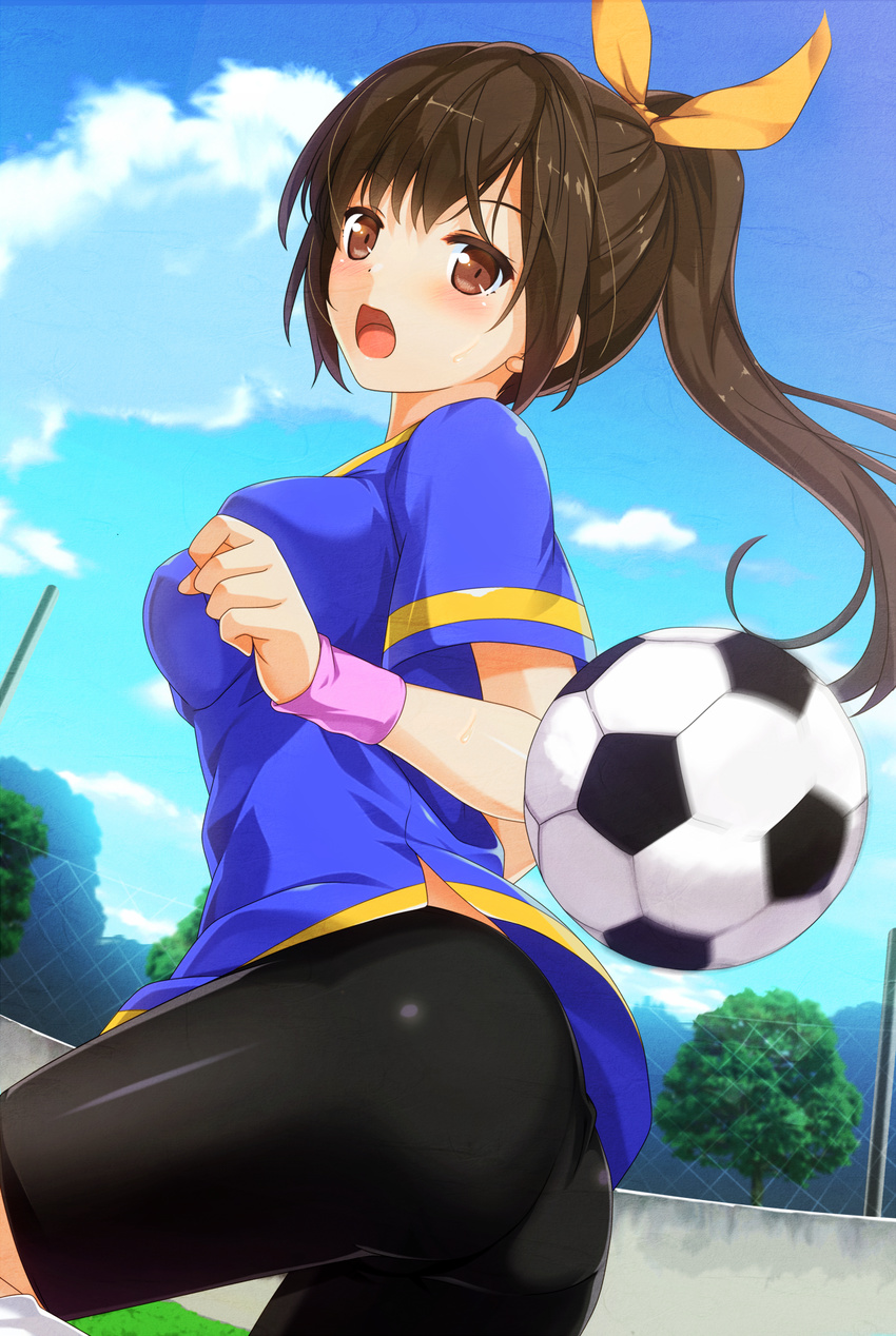 ass ball bangs bike_shorts blue_shirt blue_sky blurry blush breasts brown_eyes brown_hair cloud cloudy_sky commentary_request day depth_of_field fence fisheye floating_hair from_side hair_ribbon hand_up highres medium_breasts moe2017 open_mouth original outdoors ponytail ribbon school_uniform shirt short_sleeves sky soccer soccer_ball solo sportswear thighs twisted_torso uzuki_hiro wristband yellow_ribbon