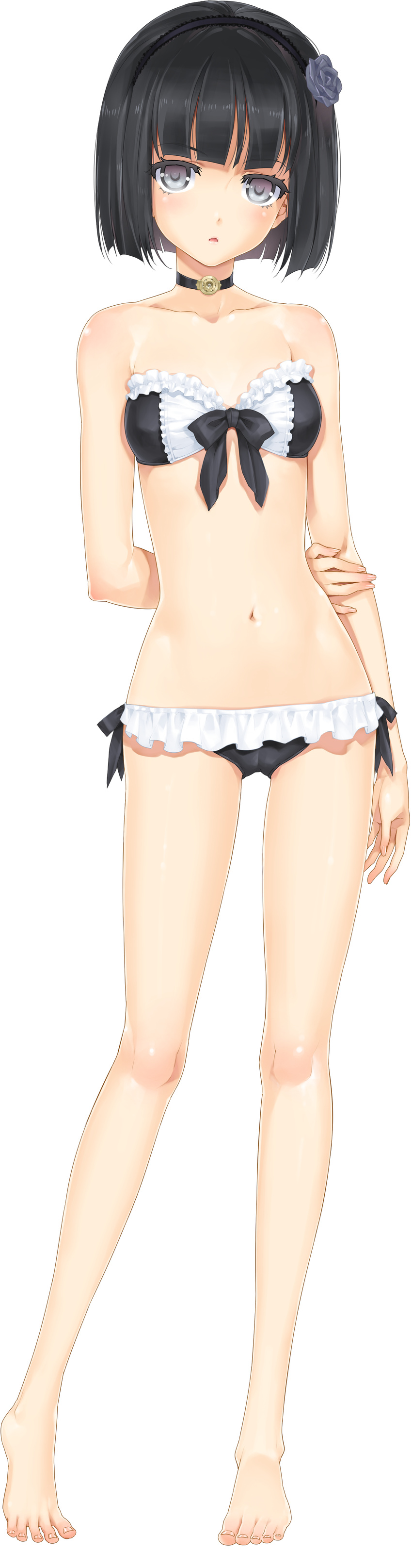 :o absurdres arm_behind_back barefoot bikini bishoujo_mangekyou black_hair bob_cut breasts choker collarbone dorothy_(bishoujo_mangekyou) frilled_bikini frills full_body hairband happoubi_jin highres long_legs looking_at_viewer maid_bikini military military_uniform naval_uniform short_hair silver_eyes small_breasts solo standing swimsuit transparent_background uniform