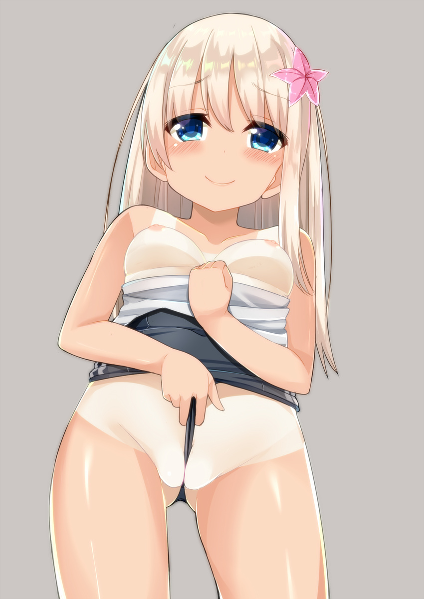 1girl blonde_hair blue_eyes blue_sky blush breasts breasts_outside cacao_(cacao0809) closed_mouth collarbone flossing from_below gluteal_fold groin hair_flower hair_ornament highres kantai_collection looking_at_viewer looking_down nipples one-piece_tan partially_visible_vulva pink_flower pulled_by_self ro-500_(kantai_collection) shiny shiny_skin sky smile solo standing tan tanline wedgie