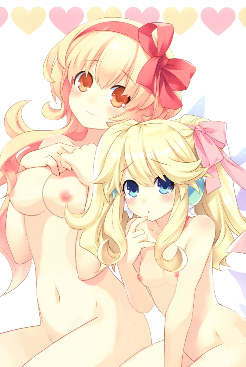 2girls :o absurdres areolae bangs blonde_hair blue_eyes blush bow breasts censored choujigen_game_neptune cleavage closed_mouth compa convenient_censoring cowboy_shot ear_covers embarrassed eyebrows eyebrows_visible_through_hair fairy_wings finger_to_mouth flipped_hair from_side groin hair_between_eyes hair_bow hair_ornament hair_ribbon hairband hands_on_own_chest head_tilt heart heart_background highres histoire long_hair looking_at_viewer mouth_hold multiple_girls navel neptune_(series) nipples nude official_art orange_eyes parted_bangs parted_lips photoshop pink_ribbon raised_eyebrows ribbon ribbon_in_mouth scan sidelocks simple_background sitting small_breasts smile tears tsunako twintails underboob wavy_hair white_background wings
