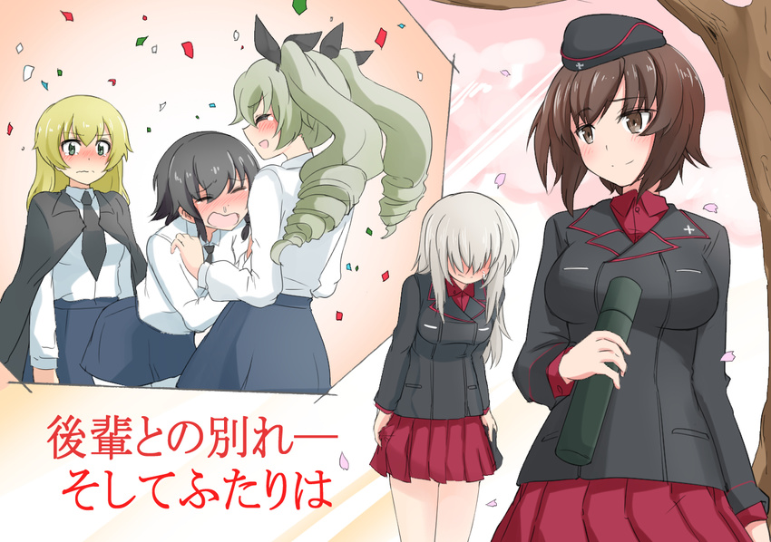 anchovy anzio_school_uniform bangs black_hair black_hat black_jacket black_neckwear black_ribbon black_skirt blonde_hair blue_eyes blush brown_eyes brown_hair cape carpaccio closed_eyes closed_mouth commentary commentary_request confetti cowboy_shot crying diploma dress_shirt drill_hair garrison_cap girls_und_panzer graduation green_hair hair_ribbon hat hat_removed headwear_removed holding holding_hat hoshikawa_(hoshikawa_gusuku) itsumi_erika jacket kuromorimine_military_uniform light_smile long_hair long_sleeves looking_at_another looking_back military military_hat military_uniform miniskirt multiple_girls necktie nishizumi_maho open_mouth pantyhose partial_commentary pepperoni_(girls_und_panzer) pleated_skirt red_eyes red_shirt red_skirt ribbon school_uniform shaded_face shirt short_hair silver_hair skirt snot standing tearing_up translated tube twin_drills twintails uniform wavy_mouth white_legwear white_shirt yuri