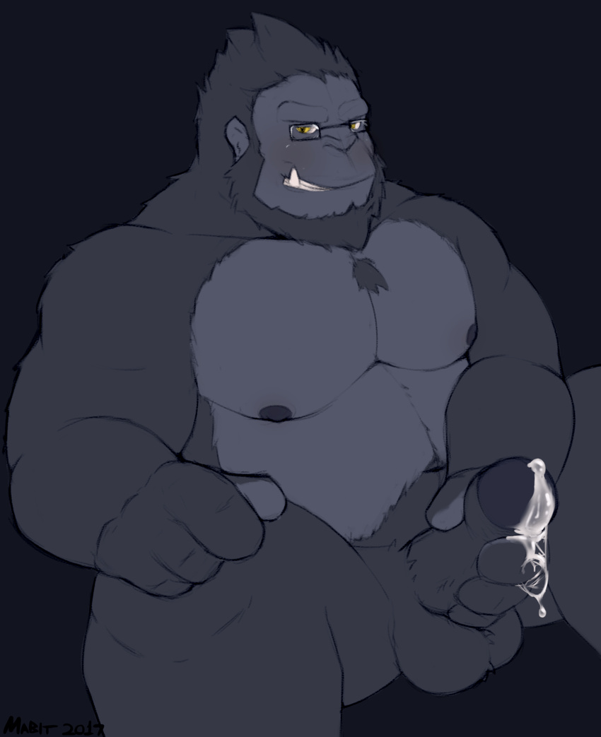 2017 anthro ape balls biceps blush cum digital_media_(artwork) erection eyewear fur glasses gorilla hair humanoid_penis looking_at_viewer mabit male mammal muscular nude overwatch pecs penis primate simple_background smile solo spread_legs spreading uncut video_games winston_(overwatch)