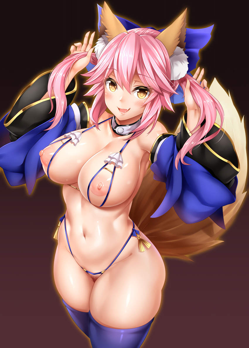 1girl animal_ears areolae bikini blue_bikini blue_legwear blush breasts caster_(fate/extra) crotchless_swimsuit curvy detached_collar detached_sleeves fang fate/extra fate_(series) fox_ears fox_girl fox_tail hair_ribbon large_breasts long_hair looking_at_viewer navel nippleless_clothes nipples oni-noboru open_mouth pink_hair pubic_hair ribbon smile solo swimsuit tail thick_thighs thighhighs waifu2x wide_hips yellow_eyes