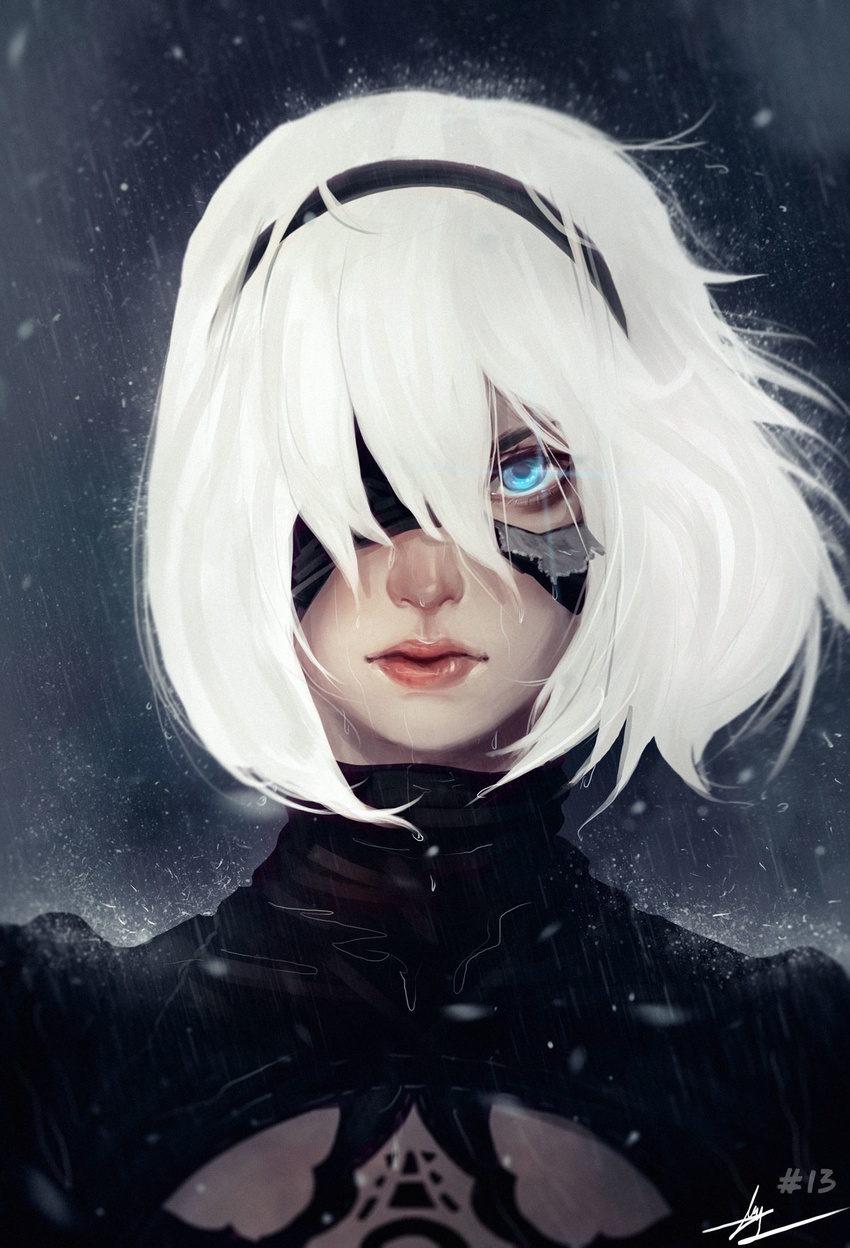 black_dress black_hairband blindfold cleavage_cutout dress eyelashes eyeliner hair_between_eyes hair_over_one_eye hairband highres juliet_sleeves lips long_sleeves looking_at_viewer makeup nier_(series) nier_automata no_mole nose one_eye_covered parted_lips pink_lips puffy_sleeves rain short_hair signature solo torn_blindfold trung_doan tsurime turtleneck upper_body water_drop wet wet_clothes wet_dress wet_face wet_hair white_hair yorha_no._2_type_b