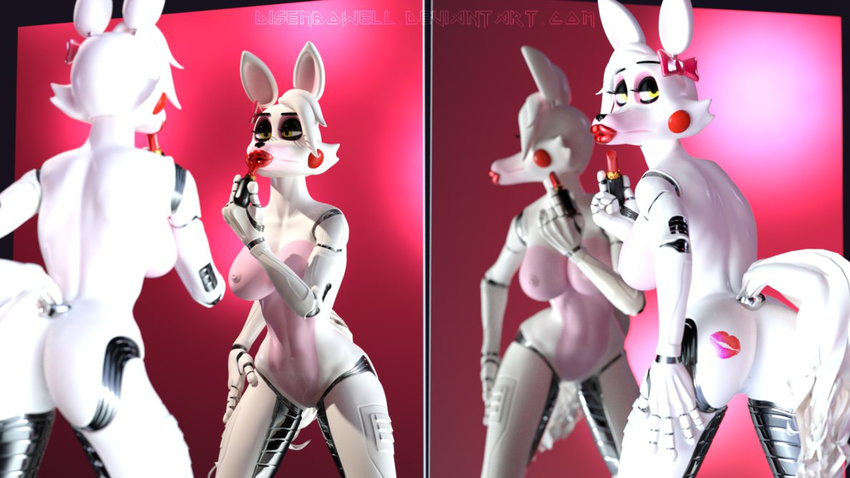anthro big_breasts bow breasts butt canine disembowell_(artist) five_nights_at_freddy's five_nights_at_freddy's_2 fox funtime_foxy_(fnaf) hand_on_hip kiss_mark lips lipstick looking_back machine makeup mammal mangle_(fnaf) mirror nipples nude reflection robot solo video_games yellow_eyes