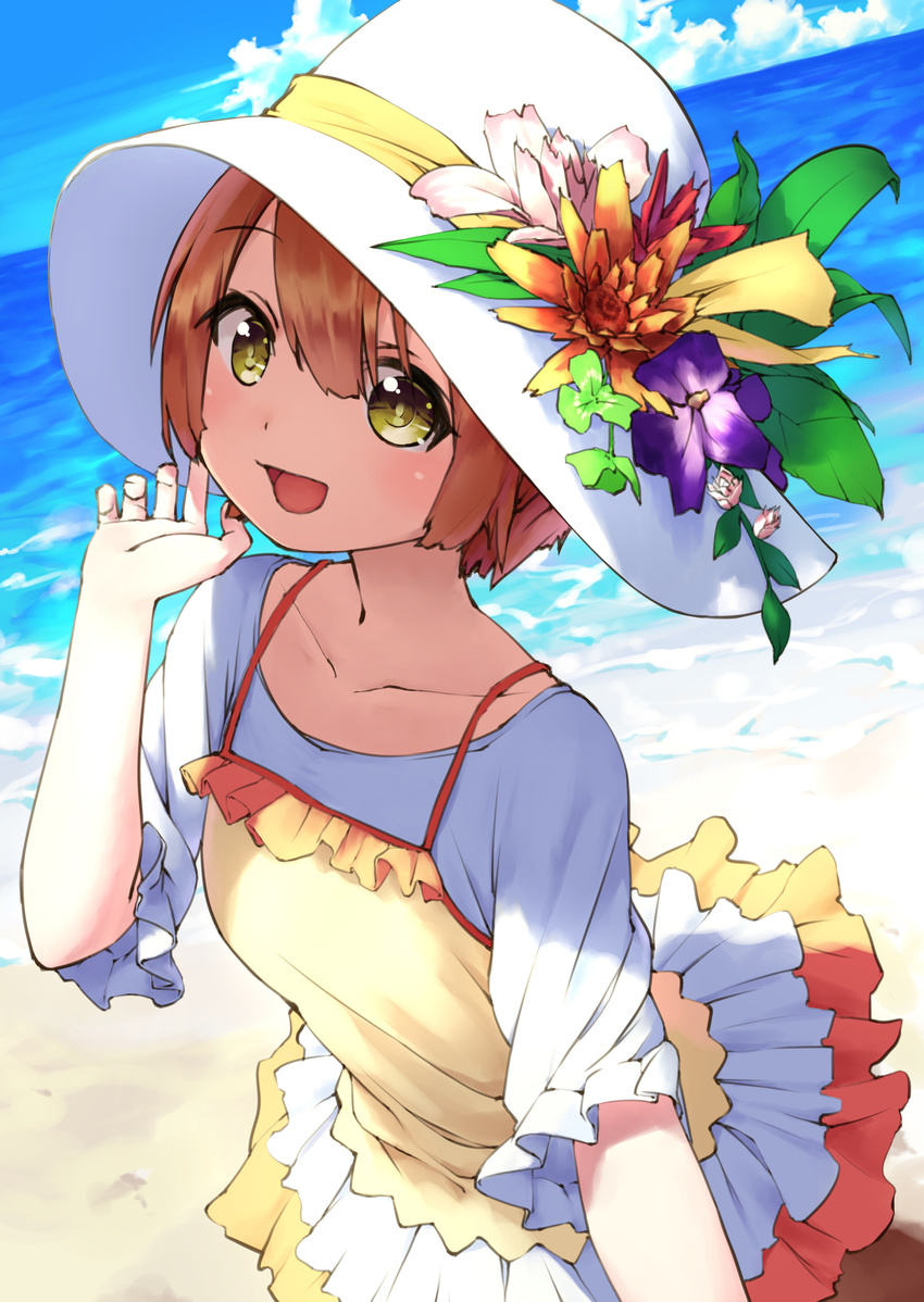 :d absurdres beach blue_sky brown_hair camisole camisole_over_clothes cloud day flower frilled_skirt frilled_sleeves frills hat hat_flower hat_leaf hat_ribbon highres hoshizora_rin looking_at_viewer love_live! love_live!_school_idol_project ocean okarin_(tennisofoka) open_mouth orange_flower outdoors pink_flower purple_flower ribbon shaded_face shirt short_hair short_sleeves skirt sky smile solo spaghetti_strap sun_hat white_hat white_shirt white_skirt yellow_eyes yellow_ribbon