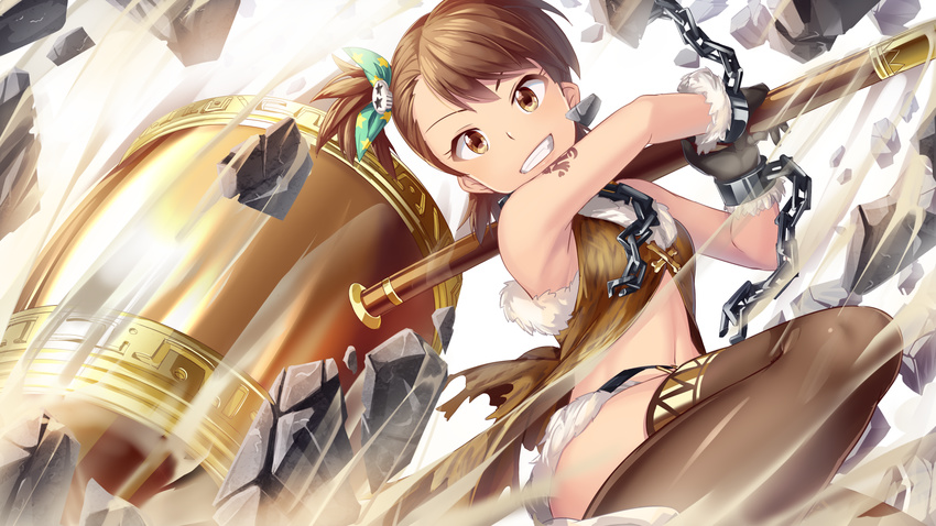 brown_eyes brown_hair chain futami_ami gloves hair_ornament hammer highres idolmaster idolmaster_(classic) idolmaster_million_live! navel short_hair side_ponytail skull_hair_ornament smile solo tattoo yoshika_(music480069)