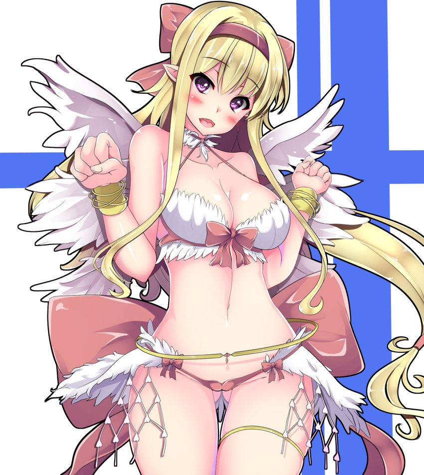 ass_visible_through_thighs asymmetrical_hair bare_shoulders bikini blonde_hair blush bow bow_bikini bracelet breasts cleavage clenched_hands collarbone cowboy_shot eyebrows_visible_through_hair feathered_wings fingernails hair_between_eyes hair_bow hair_ornament hair_tie hairband halterneck hands_up head_tilt highres jewelry large_breasts long_hair looking_at_viewer low-tied_long_hair midriff multiple_wings navel open_mouth pointy_ears ragnarok_online red_bikini red_bow red_hairband senra_banshou seraph sidelocks smile solo swimsuit thigh_strap tongue very_long_hair wanderer white_wings wings