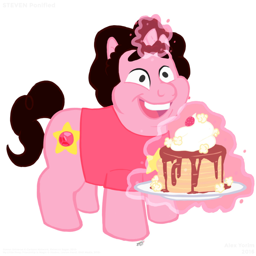 2016 alexyorim cartoon_network clothing crossover cutie_mark equine food fruit gem horn levitation magic mammal my_little_pony open_mouth plate ponification popcorn shirt smile steven_universe strawberry syrup together_breakfast unicorn waffles whipped_cream