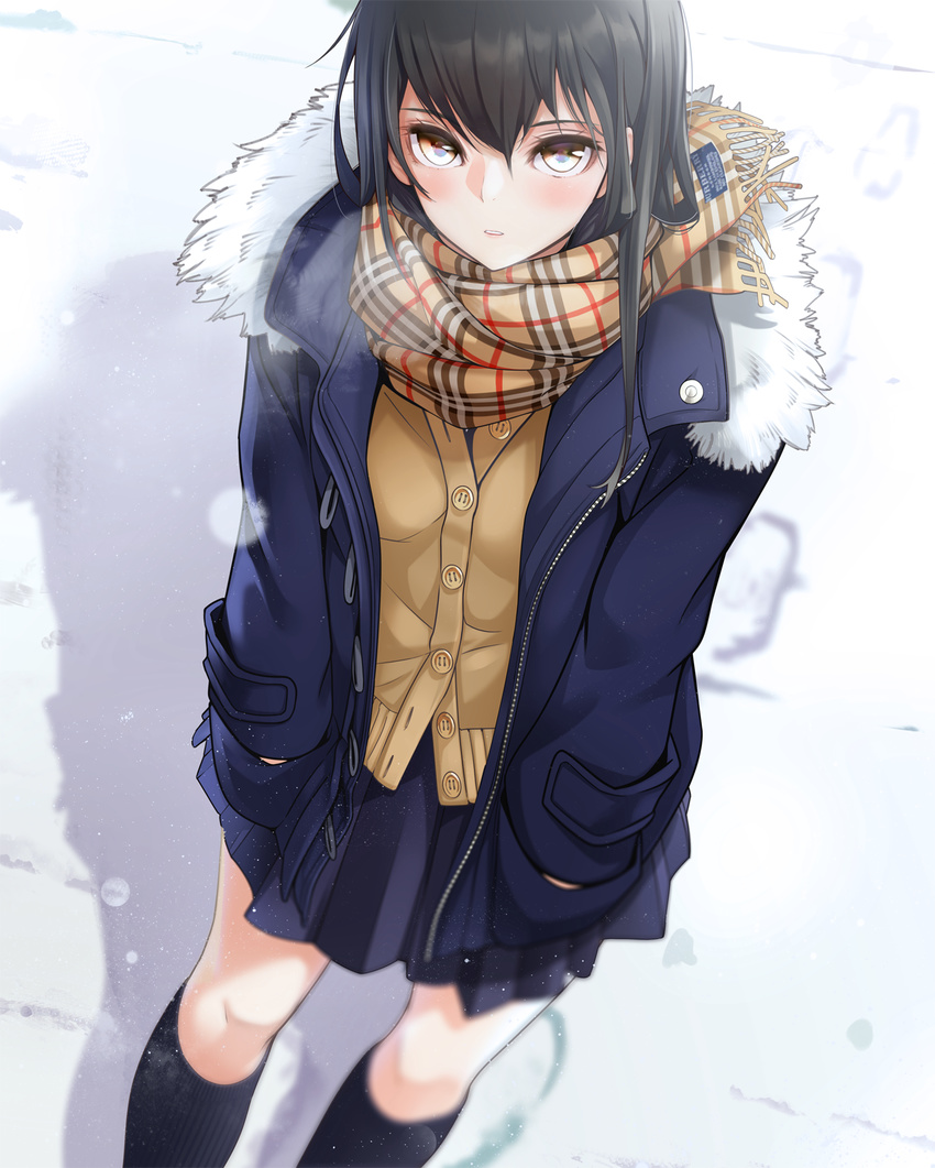 bangs black_coat black_hair black_legwear blue_skirt blush breasts brown_eyes brown_hair buttons cardigan coat feet_out_of_frame fringe_trim fur-trimmed_coat fur_trim giba_(out-low) hair_between_eyes hands_in_pockets highres kneehighs long_sleeves looking_at_viewer miniskirt open_clothes open_coat open_mouth original pink_lips plaid plaid_scarf pleated_skirt pocket scarf school_uniform skirt small_breasts snow solo teeth zipper