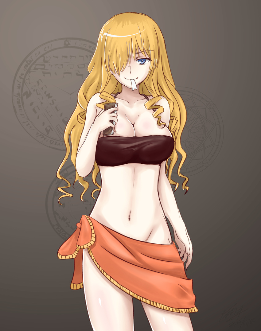 &gt;:) absurdres bandeau blonde_hair blue_eyes breasts cleavage collarbone commentary_request cowboy_shot drill_hair fmg groin hair_over_one_eye halterneck highres large_breasts long_hair looking_at_viewer midriff mouth_hold navel oriana_thomason paper sarong smile solo stomach to_aru_majutsu_no_index v-shaped_eyebrows