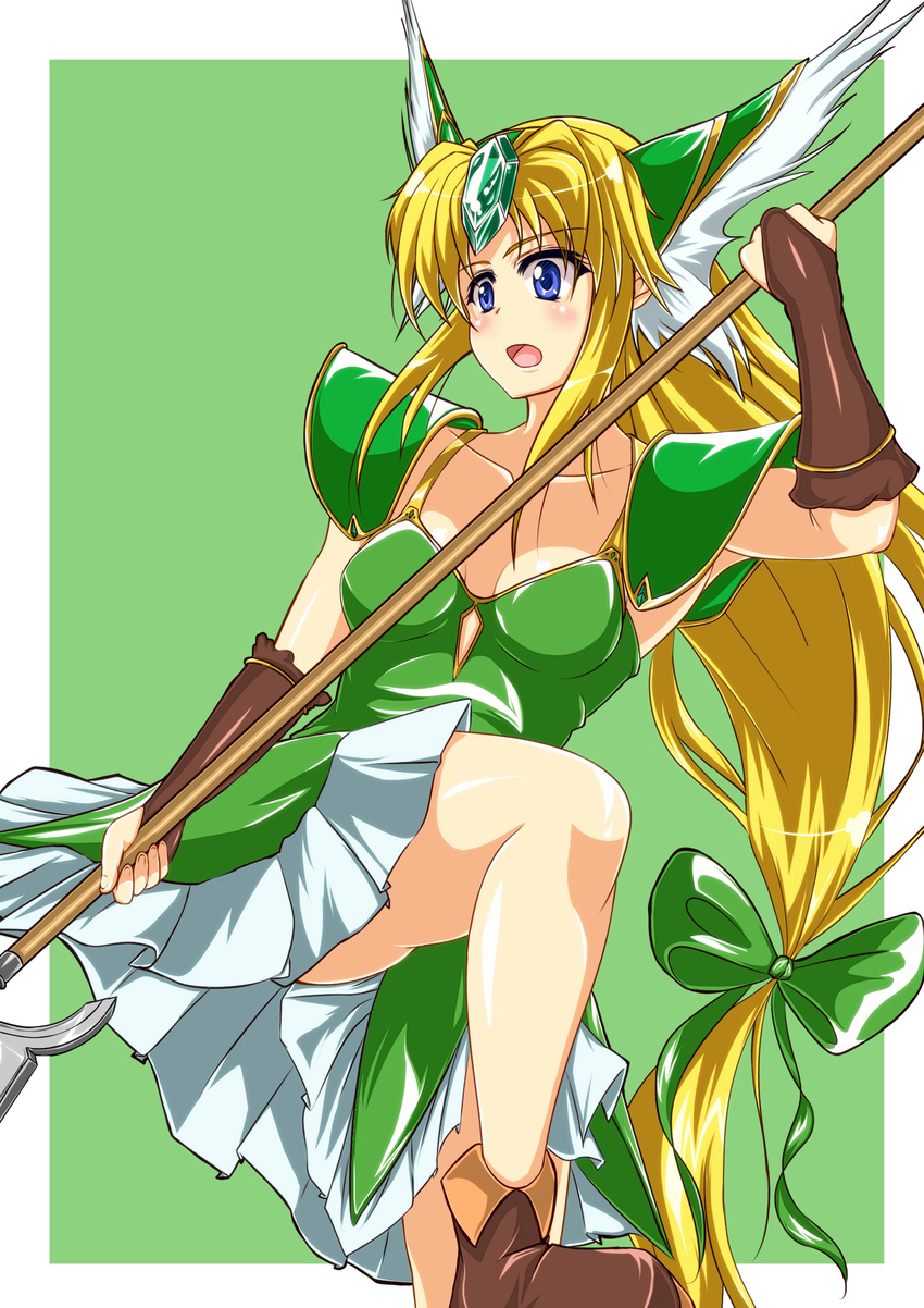absurdres blonde_hair blue_eyes boots bow breasts brown_footwear dress forehead_jewel gloves green_bow green_dress hair_bow helmet highres holding holding_weapon long_hair low-tied_long_hair polearm riesz sangyou_haikibutsu_a seiken_densetsu seiken_densetsu_3 solo spear very_long_hair weapon