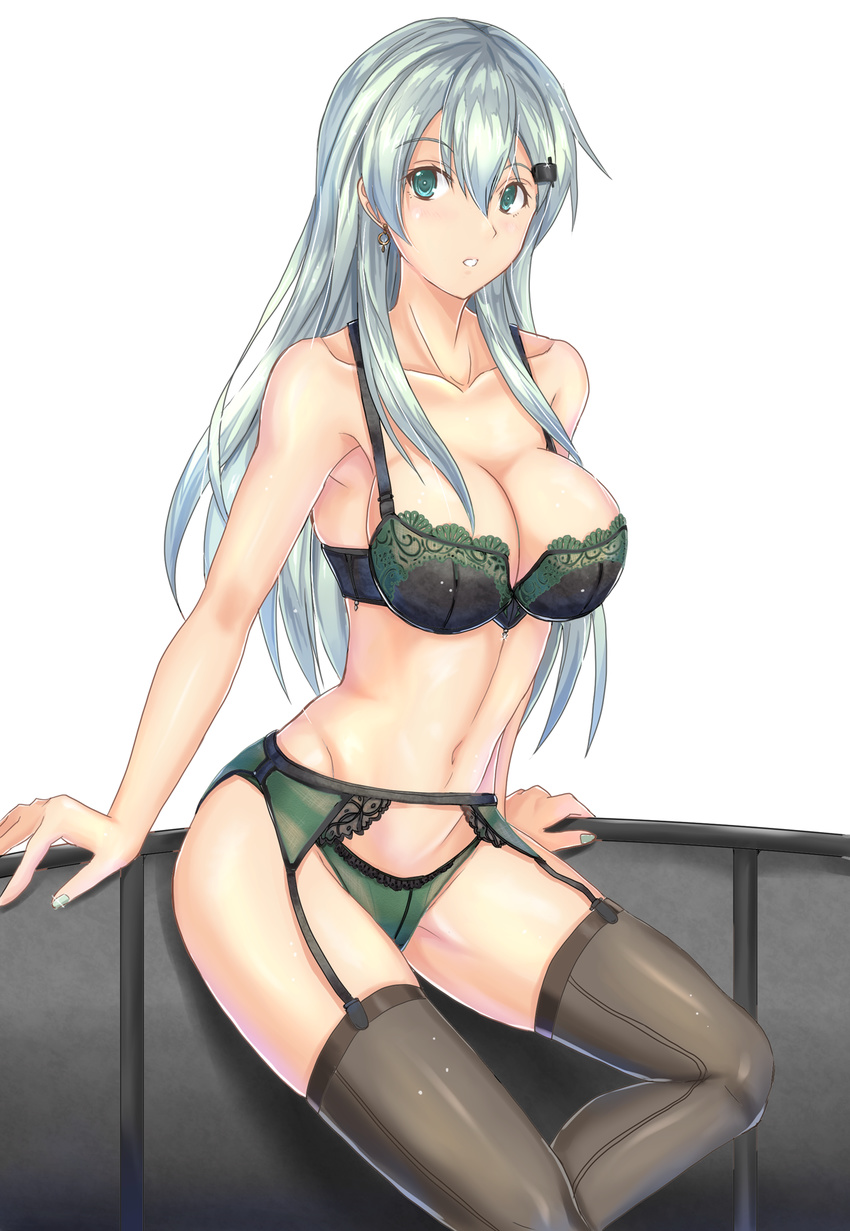 black_legwear bra breasts cleavage commentary_request earrings garter_belt green_bra green_eyes green_hair green_panties hair_ornament hairclip highres jewelry kantai_collection large_breasts lingerie long_hair luna_(gunfire) panties solo suzuya_(kantai_collection) thighhighs underwear underwear_only very_long_hair