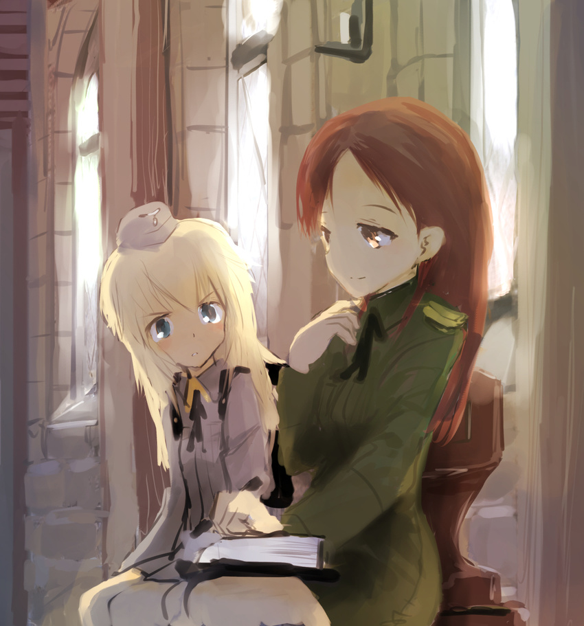 backpack bag blonde_hair eyebrows_visible_through_hair hair_between_eyes hand_on_own_face hat helma_lennartz highres kabuyama_kaigi long_hair military military_hat military_uniform minna-dietlinde_wilcke multiple_girls no_pants red_hair ribbon sketch smile strike_witches uniform world_witches_series