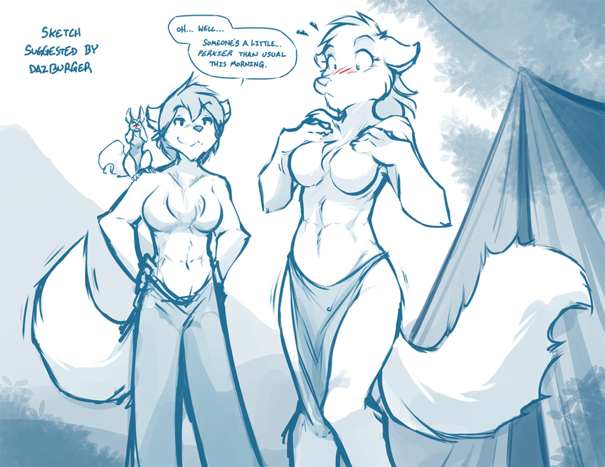 abs anthro blush breasts canine chest_tuft clothed clothing covering_eyes crossgender dialogue ears_back embarrassed english_text featureless_breasts female feral gender_transformation keidran loincloth mammal monochrome mostly_nude mrs_nibbly_(twokinds) rodent simple_background sketch smile smirk squirrel surprise sythe_(twokinds) tent text tom_fischbach topless transformation tuft twokinds white_background wolf zen_(twokinds)