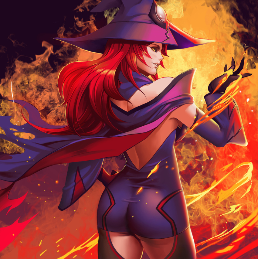 ass back banned_artist bare_shoulders black_gloves black_sclera blazblue blazblue:_central_fiction breasts cape cowboy_shot detached_collar detached_sleeves eyelashes from_behind gloves hat highres konoe_a_mercury large_breasts legs_apart long_hair long_sleeves looking_at_viewer looking_back nose parted_lips pink_lips profile red_hair skin_tight skirt smile solo standing thighhighs wide_sleeves witch_hat yellow_eyes yinan_cui