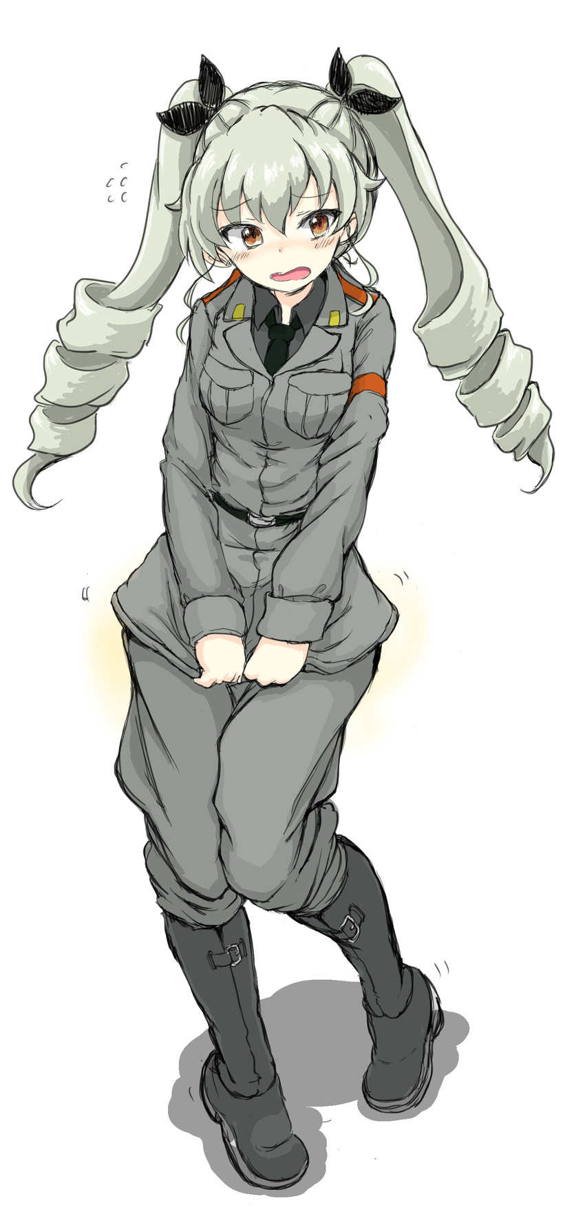 absurdres anchovy anzio_military_uniform bangs belt black_footwear black_neckwear black_ribbon black_shirt blush boots brown_eyes commentary_request dress_shirt drill_hair flying_sweatdrops full_body girls_und_panzer green_hair grey_jacket grey_pants hair_ribbon have_to_pee highres jacket knee_boots long_hair long_sleeves looking_at_viewer military military_uniform necktie open_mouth pants ribbon shirt shirt_tug simple_background solo standing twin_drills twintails uniform wabiushi wavy_mouth white_background