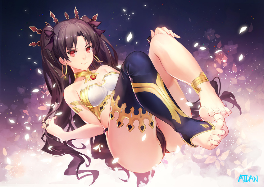 anklet armlet atdan bare_shoulders barefoot black_hair breasts earrings fate/grand_order fate_(series) feet hair_ribbon hoop_earrings ishtar_(fate/grand_order) jewelry long_hair long_legs looking_at_viewer medium_breasts navel partially_visible_vulva pov_feet red_eyes revision ribbon single_thighhigh smile soles solo thighhighs toeless_legwear toes two_side_up