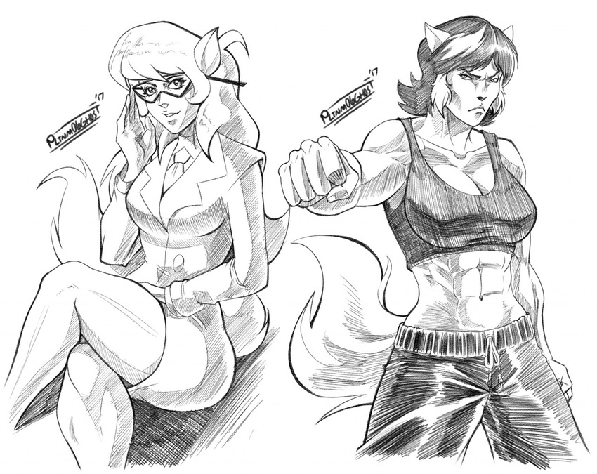 abs anthro big_breasts breasts callie_briggs cat cleavage clothed clothing duo felina_feral feline female mammal pltnm06ghost smile swat_kats