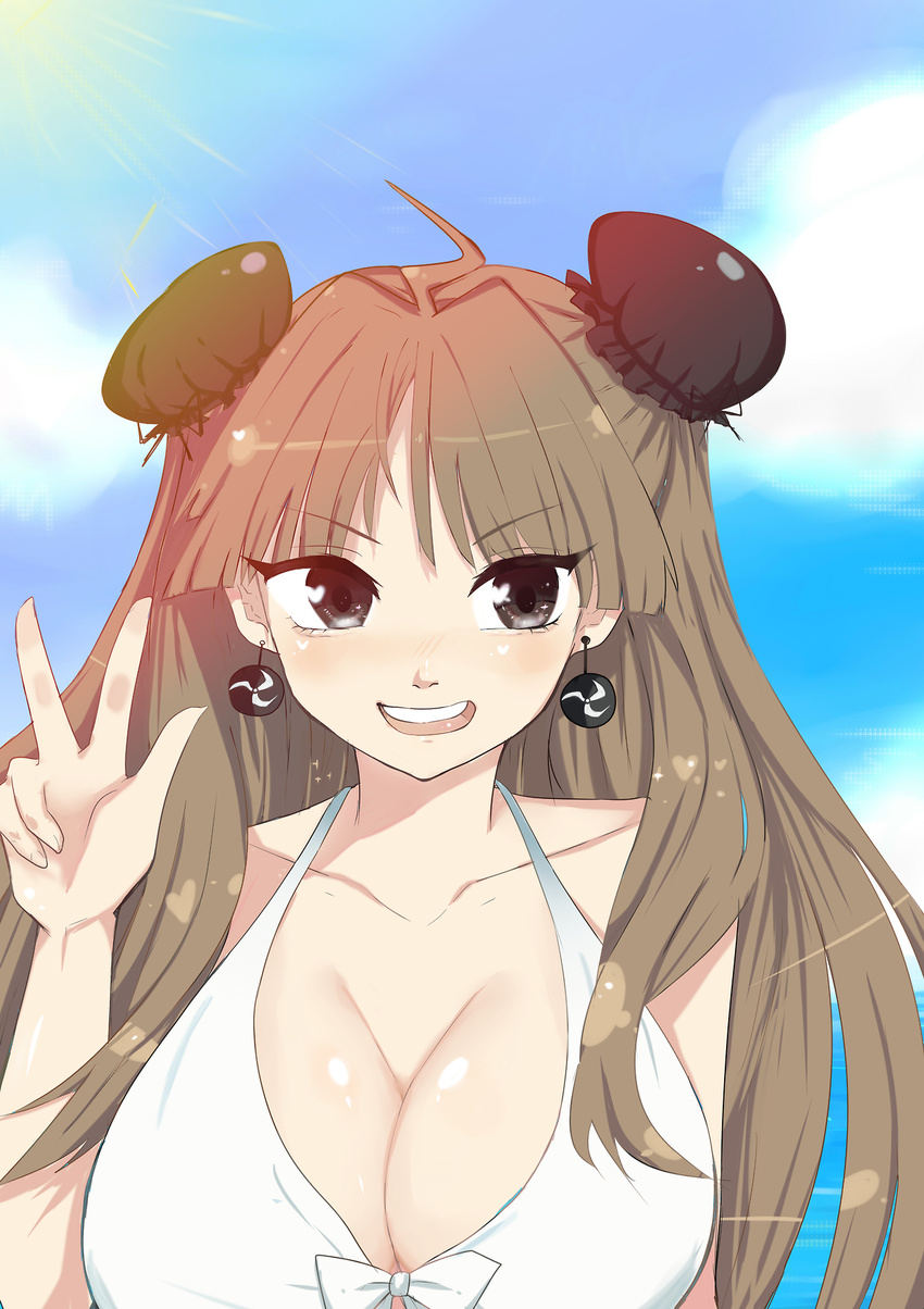 1girl bikini black_eyes blush breasts brown_hair cleavage earring large_breasts long_hair looking_at_viewer open_mouth renka_(senran_kagura) senran_kagura smile solo swimsuit tagme upper_body v