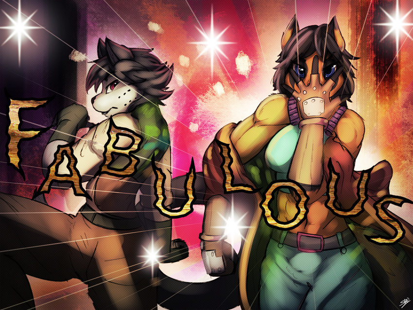 2017 anthro belt black_fur black_hair blue_eyes brown_fur canine clothed clothing duo english_text feline female fur gloves grey_fur hair jojo's_bizarre_adventure leopard light looking_at_viewer male male/female mammal pants pose red_eyes sarki sarki_(character) shirt text white_fur