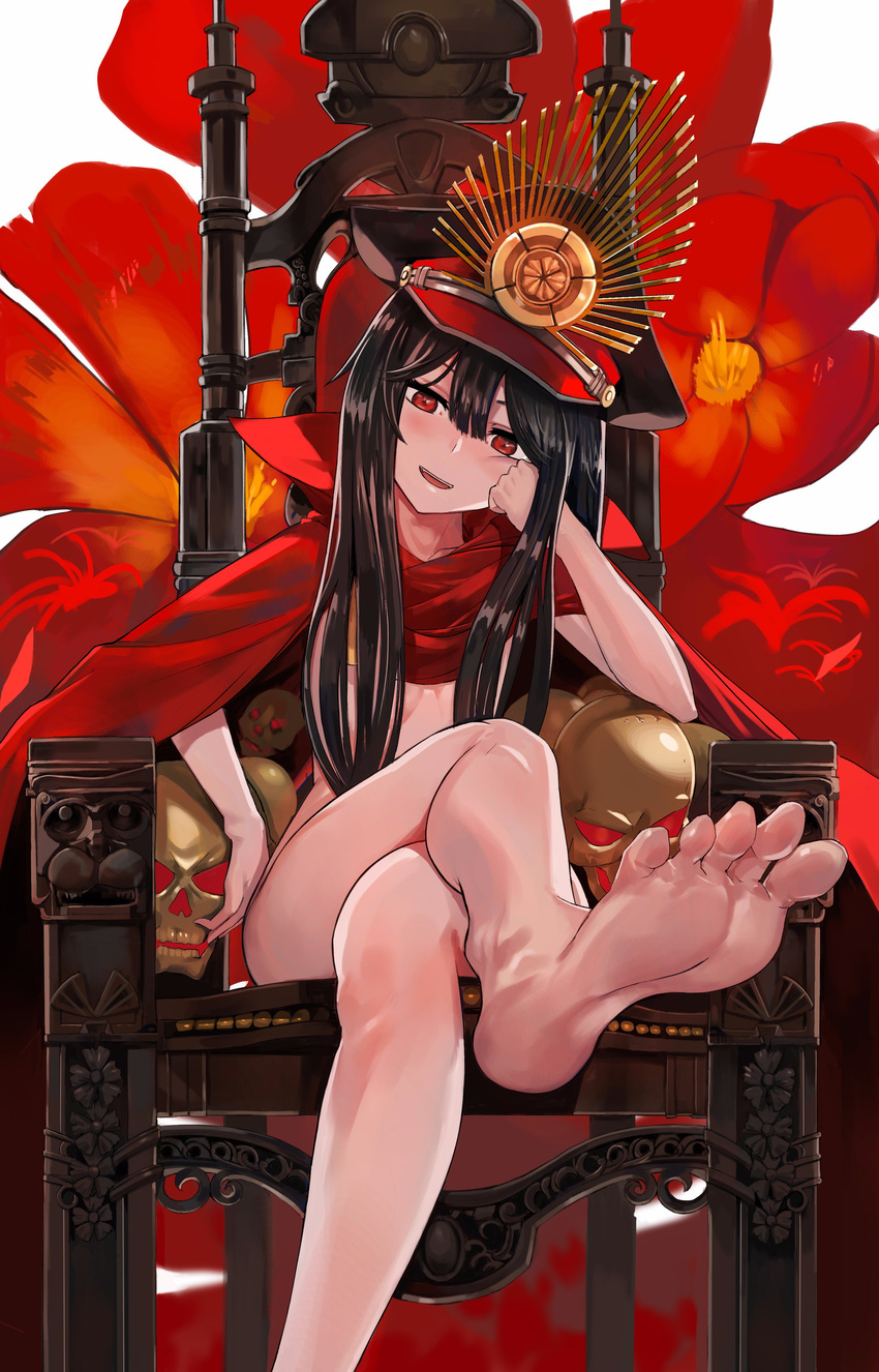 absurdres armchair bangs barefoot black_hair blush cape chair chin_rest convenient_leg crossed_legs family_crest fate/grand_order fate_(series) feet flower hair_between_eyes hair_censor hair_over_breasts hand_on_own_face hat hat_ornament head_tilt highres long_hair looking_at_viewer military_hat naked_cape naughty_face nude oda_nobunaga_(fate) oda_uri open_mouth peaked_cap pov_feet red_cape red_eyes red_flower sitting skull smile soles solo spread_toes ssamjang_(misosan) toes