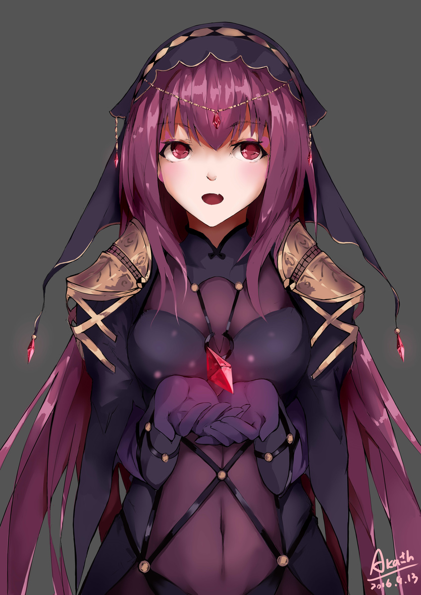 absurdres aka_(hwdllht) armor blush bodysuit breasts commentary fate/grand_order fate_(series) gae_bolg gloves highres jewelry long_hair looking_up purple_bodysuit purple_hair red_eyes scathach_(fate)_(all) scathach_(fate/grand_order) shoulder_armor small_breasts smile solo veil