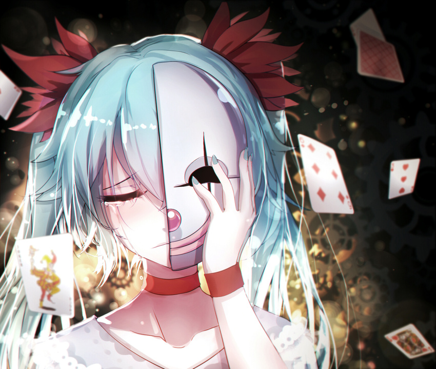 aqua_hair bai_yemeng bangs blurry broken_mask card choker closed_eyes closed_mouth clown_mask collarbone depth_of_field diamond_(shape) falling_card flipped_hair flower frown gears gradient_hair hair_between_eyes hair_flower hair_ornament hatsune_miku heart joker karakuri_pierrot_(vocaloid) king_(playing_card) lace lens_flare lips long_hair mask multicolored_hair nail_polish number playing_card portrait raised_eyebrow red_nose revision smile solo tears twintails vocaloid wristband